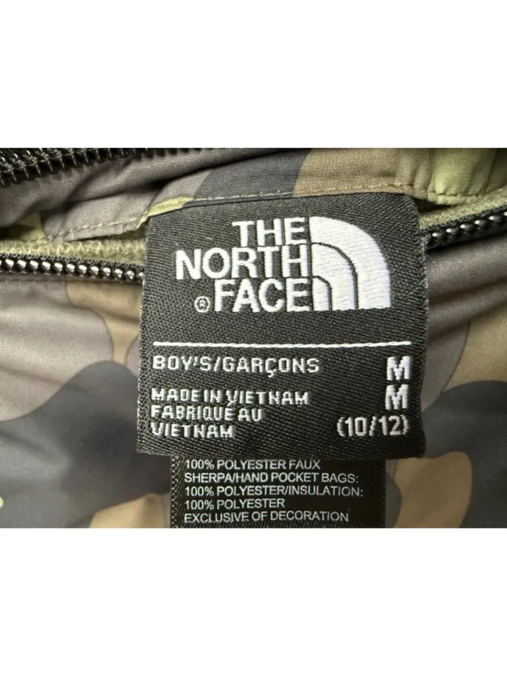 North Face Coat Boys Size Medium 10/12 Fleece Lined Hooded Camo Puffer